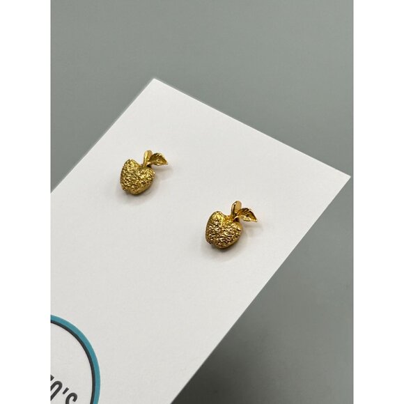 Vintage Gold Tone Apple Stud Earrings Pierced Textured Design Fruit Jewelry - Picture 4 of 7